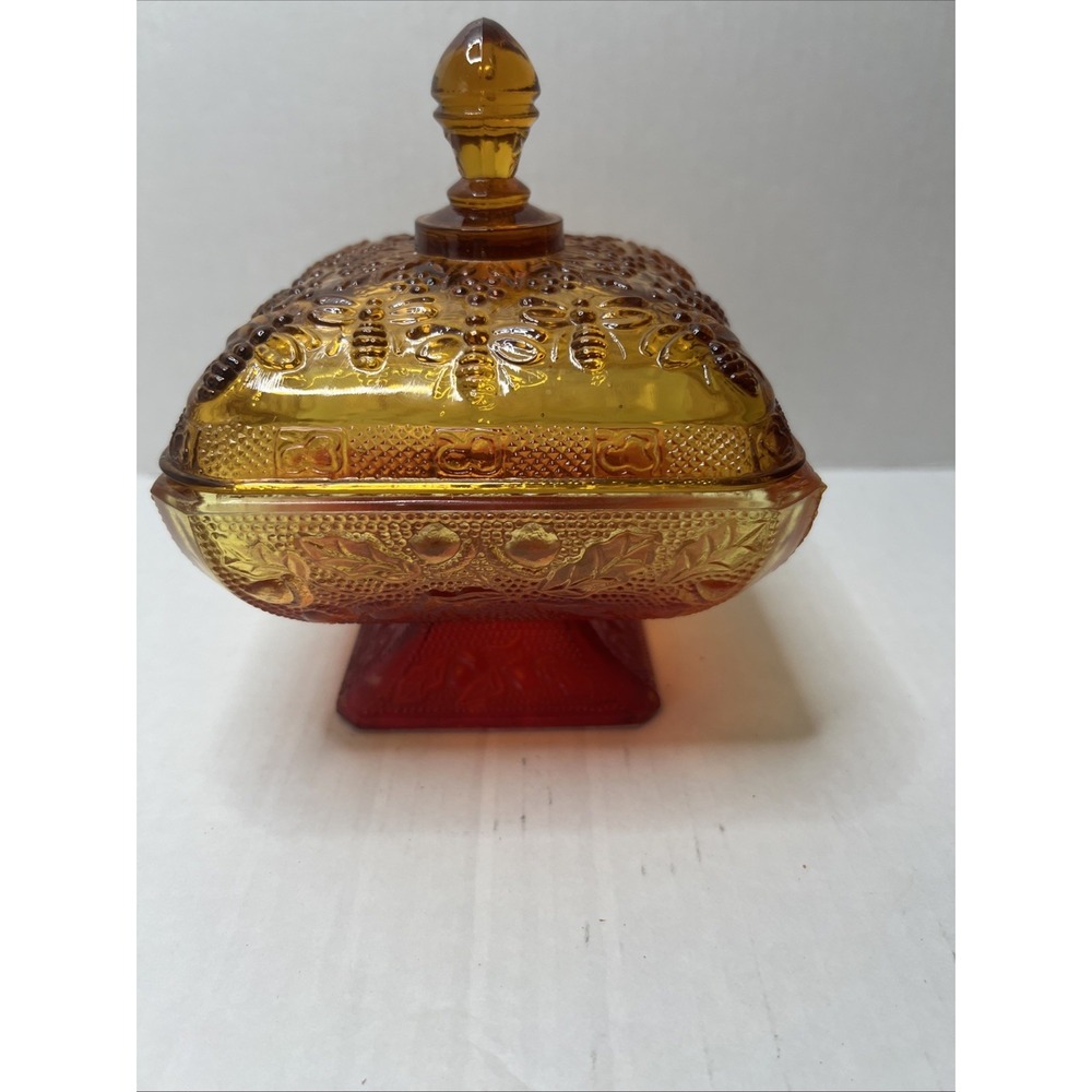 Vtg Indiana Glass Tiara Amber Honey Bee Box Lidded Candy Dish